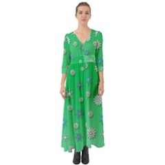 Snowflakes Winter Christmas Green Button Up Boho Maxi Dress by HermanTelo