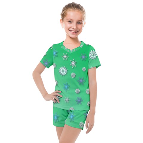 Snowflakes Winter Christmas Green Kids  Mesh Tee And Shorts Set by HermanTelo