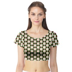 Pattern Flowers White Green Short Sleeve Crop Top