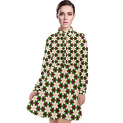 Pattern Flowers White Green Long Sleeve Chiffon Shirt Dress