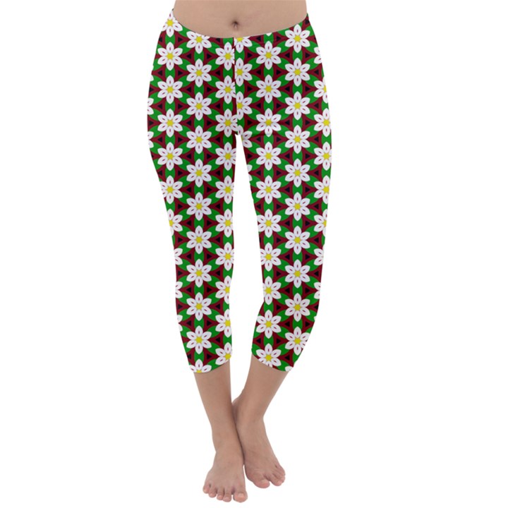 Pattern Flowers White Green Capri Winter Leggings 