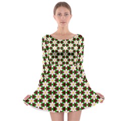 Pattern Flowers White Green Long Sleeve Skater Dress