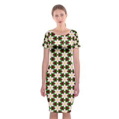 Pattern Flowers White Green Classic Short Sleeve Midi Dress