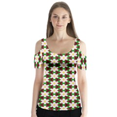 Pattern Flowers White Green Butterfly Sleeve Cutout Tee 