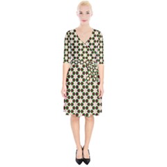 Pattern Flowers White Green Wrap Up Cocktail Dress