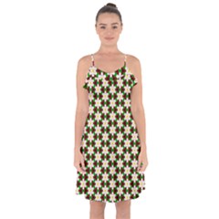 Pattern Flowers White Green Ruffle Detail Chiffon Dress