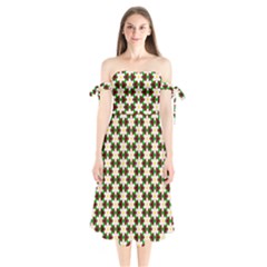 Pattern Flowers White Green Shoulder Tie Bardot Midi Dress