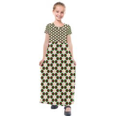 Pattern Flowers White Green Kids  Short Sleeve Maxi Dress