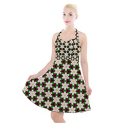 Pattern Flowers White Green Halter Party Swing Dress 