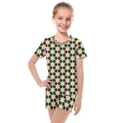 Pattern Flowers White Green Kids  Mesh Tee And Shorts Set