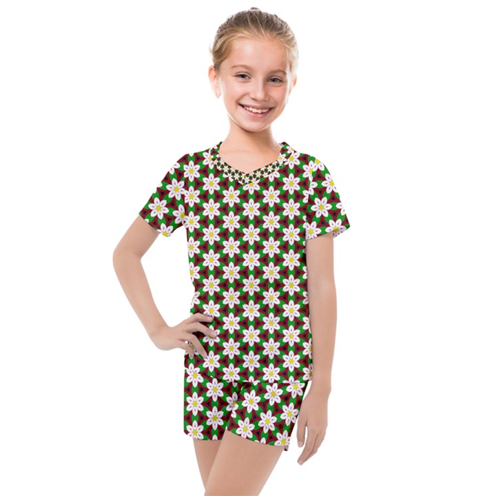 Pattern Flowers White Green Kids  Mesh Tee and Shorts Set