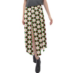 Pattern Flowers White Green Velour Split Maxi Skirt