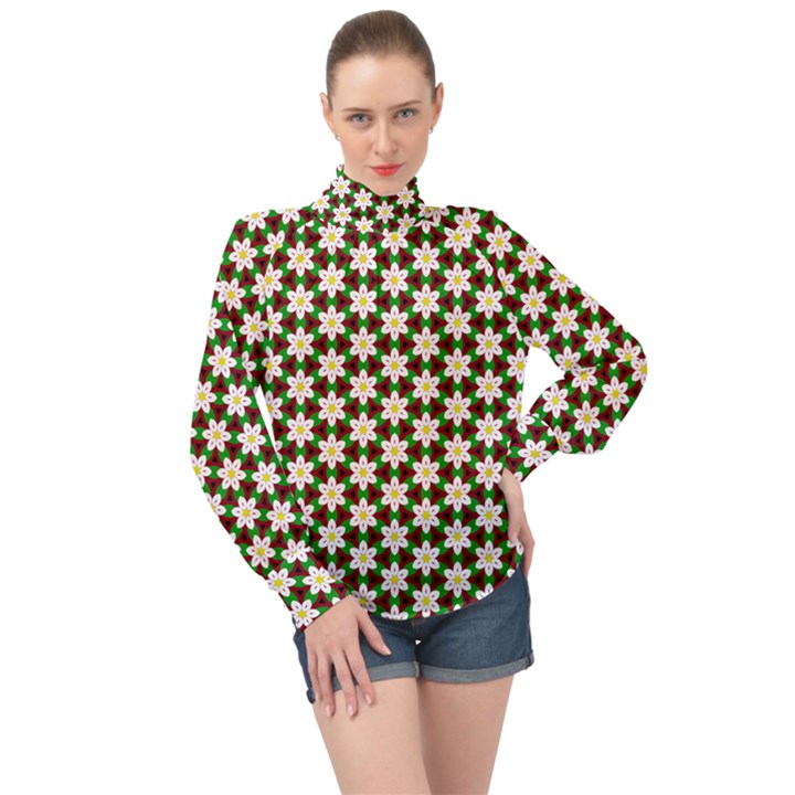 Pattern Flowers White Green High Neck Long Sleeve Chiffon Top