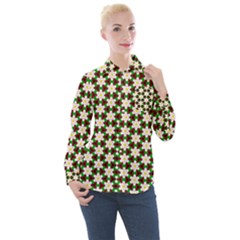 Pattern Flowers White Green Women s Long Sleeve Pocket Shirt