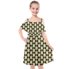 Pattern Flowers White Green Kids  Cut Out Shoulders Chiffon Dress