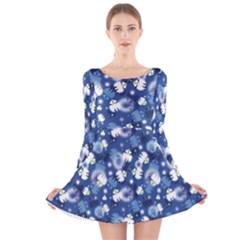 White Flowers Summer Plant Long Sleeve Velvet Skater Dress