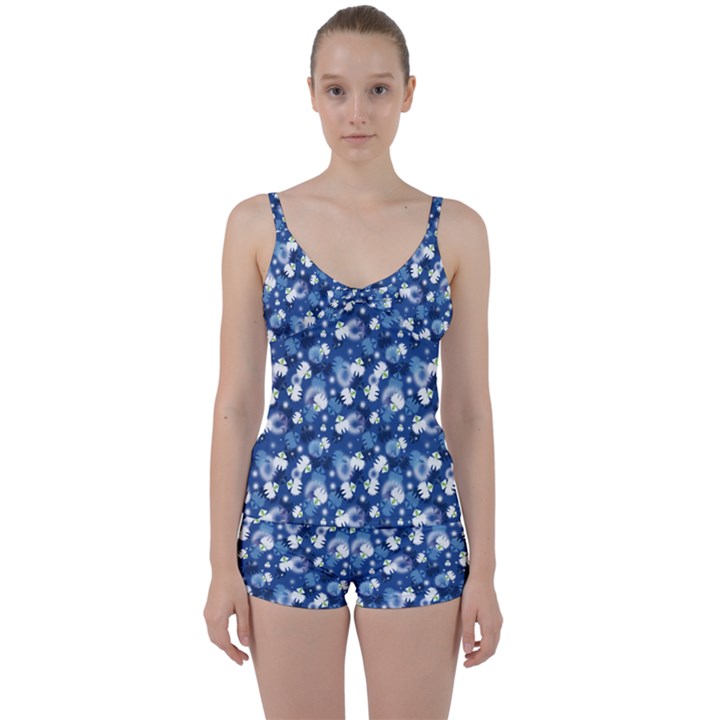 White Flowers Summer Plant Tie Front Two Piece Tankini