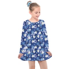 White Flowers Summer Plant Kids  Long Sleeve Dress