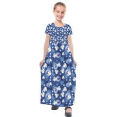 White Flowers Summer Plant Kids  Short Sleeve Maxi Dress