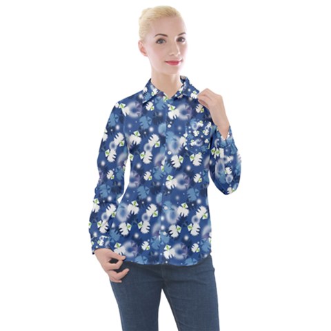 White Flowers Summer Plant Women s Long Sleeve Pocket Shirt by HermanTelo