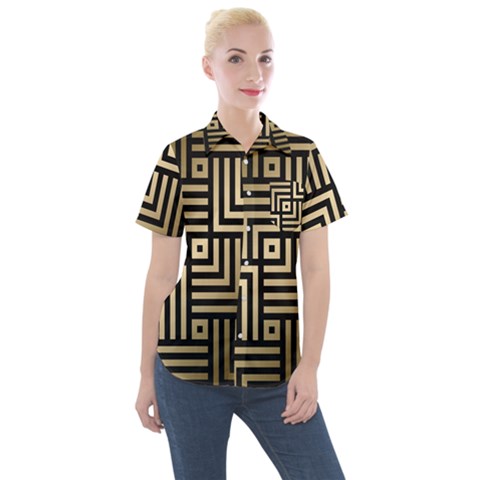 Geometric Pattern   Seamless Luxury Gold Vector Women s Short Sleeve Pocket Shirt by Sudhe