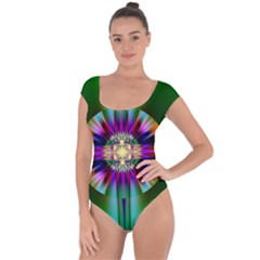 Abstract Art Fractal Creative Green Short Sleeve Leotard  by Sudhe