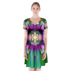 Abstract Art Fractal Creative Green Short Sleeve V-neck Flare Dress