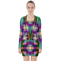 Abstract Art Fractal Creative Green V-neck Bodycon Long Sleeve Dress by Sudhe