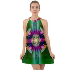 Abstract Art Fractal Creative Green Halter Tie Back Chiffon Dress