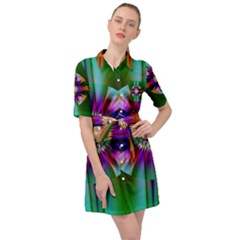 Abstract Art Fractal Creative Green Belted Shirt Dress