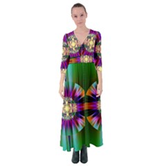 Abstract Art Fractal Creative Green Button Up Maxi Dress