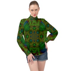 Abstract Background Design Green High Neck Long Sleeve Chiffon Top