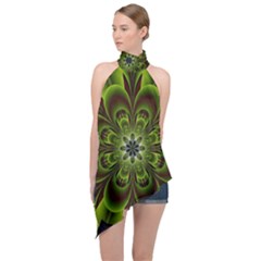 Abstract Flower Artwork Art Floral Green Halter Asymmetric Satin Top by Sudhe