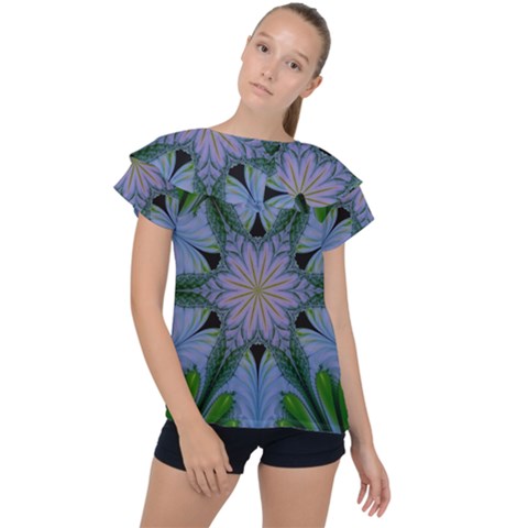 Abstract Flower Artwork Art Green Ruffle Collar Chiffon Blouse by Sudhe