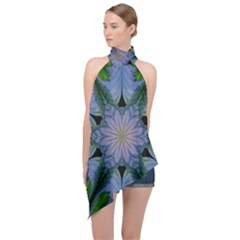 Abstract Flower Artwork Art Green Halter Asymmetric Satin Top by Sudhe