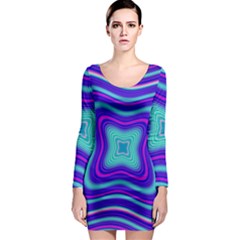 Abstract Artwork Fractal Background Blue Long Sleeve Bodycon Dress