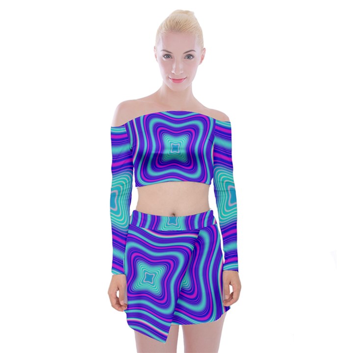 Abstract Artwork Fractal Background Blue Off Shoulder Top with Mini Skirt Set