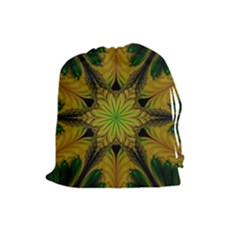 Abstract Flower Artwork Art Green Yellow Drawstring Pouch (large) by Sudhe