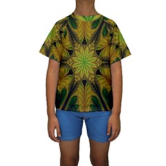 Abstract Flower Artwork Art Green Yellow Kids  Short Sleeve Swimwear by Sudhe