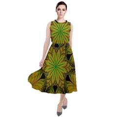 Abstract Flower Artwork Art Green Yellow Round Neck Boho Dress