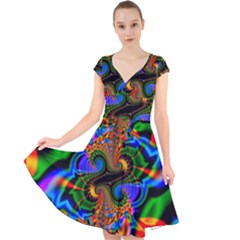 Abstract Fractal Artwork Colorful Cap Sleeve Front Wrap Midi Dress