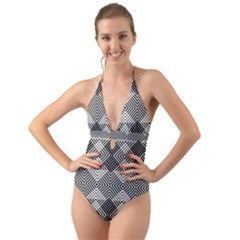 Monochrome Geometric Herringbone Seamless Pattern Vector Halter Cut-out One Piece Swimsuit by Sudhe