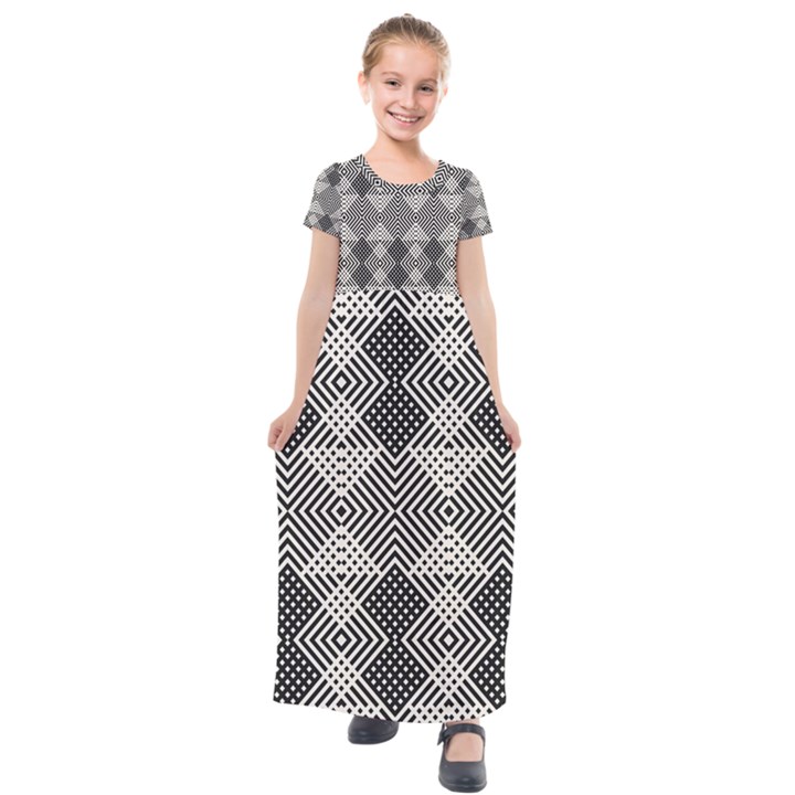 Monochrome Geometric Herringbone Seamless Pattern Vector Kids  Short Sleeve Maxi Dress