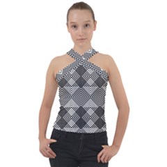 Monochrome Geometric Herringbone Seamless Pattern Vector Cross Neck Velour Top by Sudhe