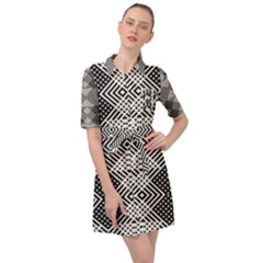 Monochrome Geometric Herringbone Seamless Pattern Vector Belted Shirt Dress