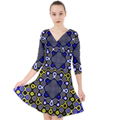 Digital Art Background Yellow Blue Quarter Sleeve Front Wrap Dress by Sudhe