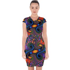 Abstract Fractal Artwork Colorful Capsleeve Drawstring Dress 