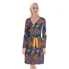 Abstract Fractal Artwork Colorful Long Sleeve Velvet Front Wrap Dress by Sudhe