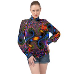 Abstract Fractal Artwork Colorful High Neck Long Sleeve Chiffon Top