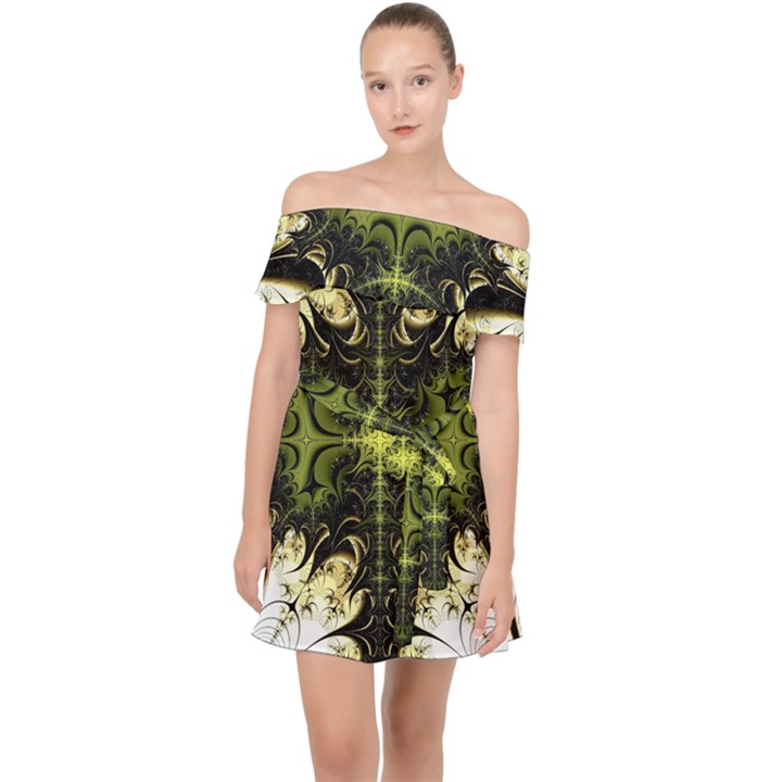 Abstract Fractal Pattern Artwork Off Shoulder Chiffon Dress